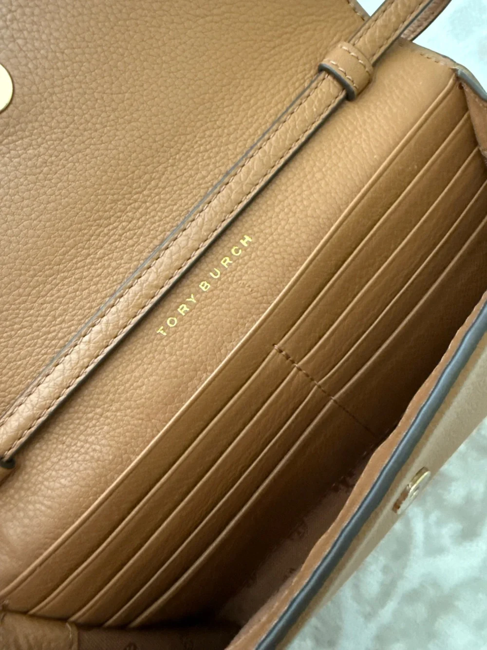 Tory Burch Tan Leather Small Crossbody Bag Wallet with Gold Logo